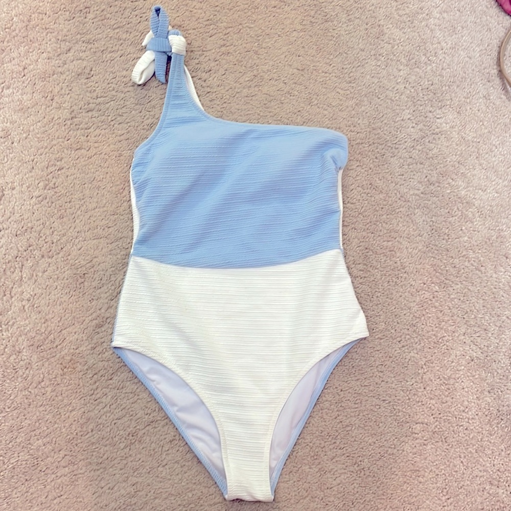 Cupshe blue and white color block, one shoulder, one piece. Never worn.